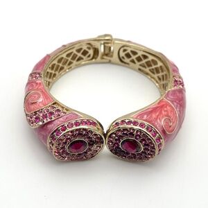 80's Chic Pink Swirl Enamel and Magenta Rhinestone Clamper Bracelet